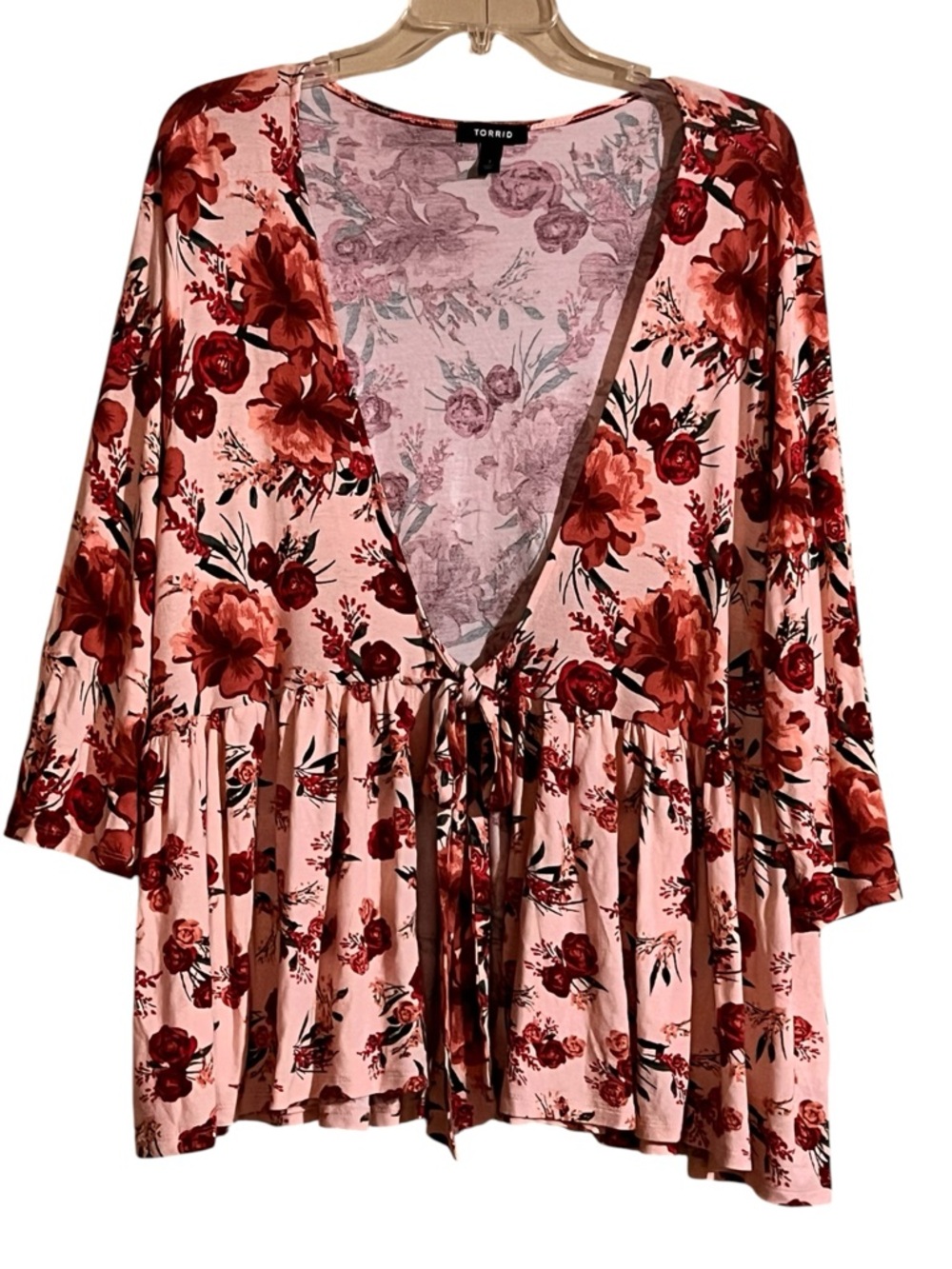 Torrid Top Cardigan Women’s 3X Baby Doll Blush Pink Floral Tie-Front Peplum